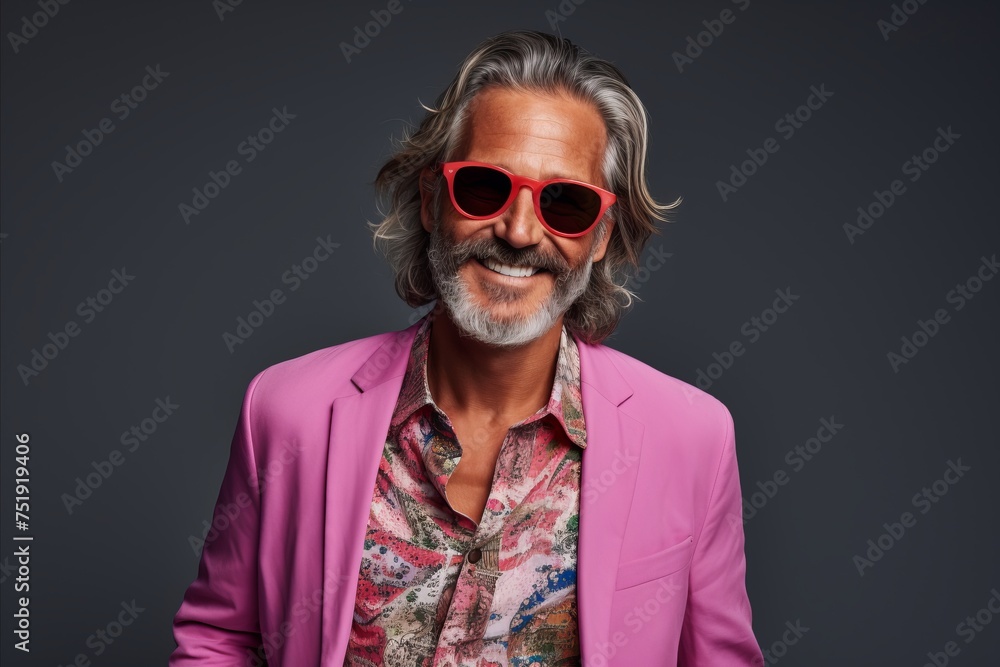 Portrait of a stylish mature man wearing sunglasses and pink suit.