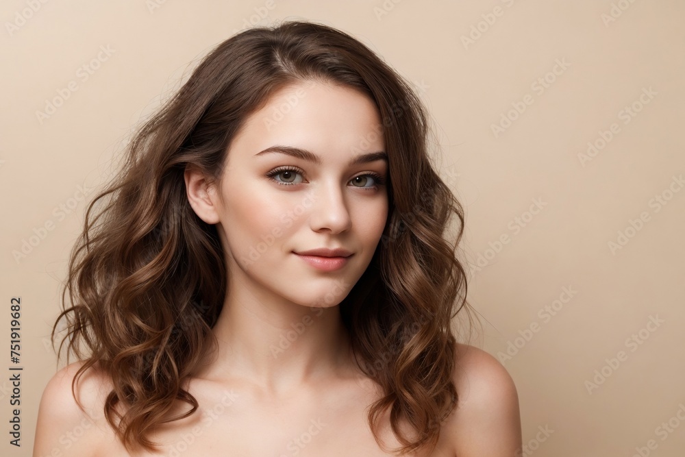 Naklejka premium Beautiful young woman with wavy hair on a beige background with copy space. Beautiful woman with pretty skin. Skin Care Concept.
