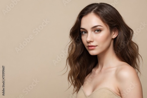 Beautiful young woman with wavy hair on a beige background with copy space. Beautiful woman with pretty skin. Skin Care Concept.