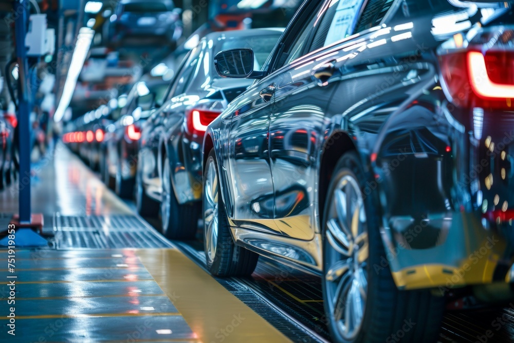 A line of cars are being manufactured in a factory