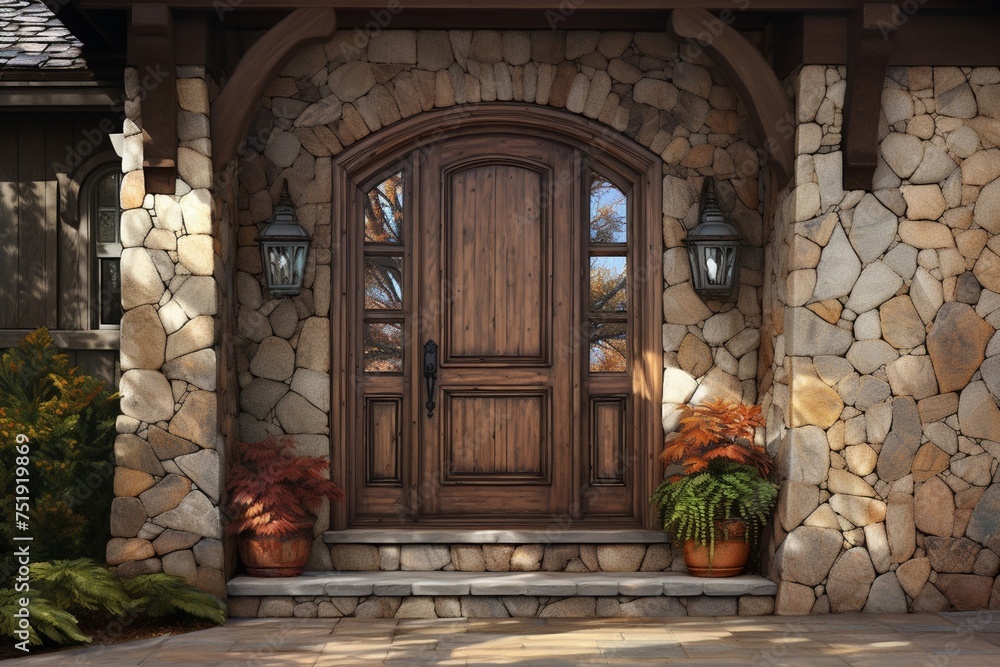 New house with front wooden door of the house with decoration and flowers in front of it. Generative AI. New house with front wooden door of the house with decoration and flowers in front of it. Generative AI.