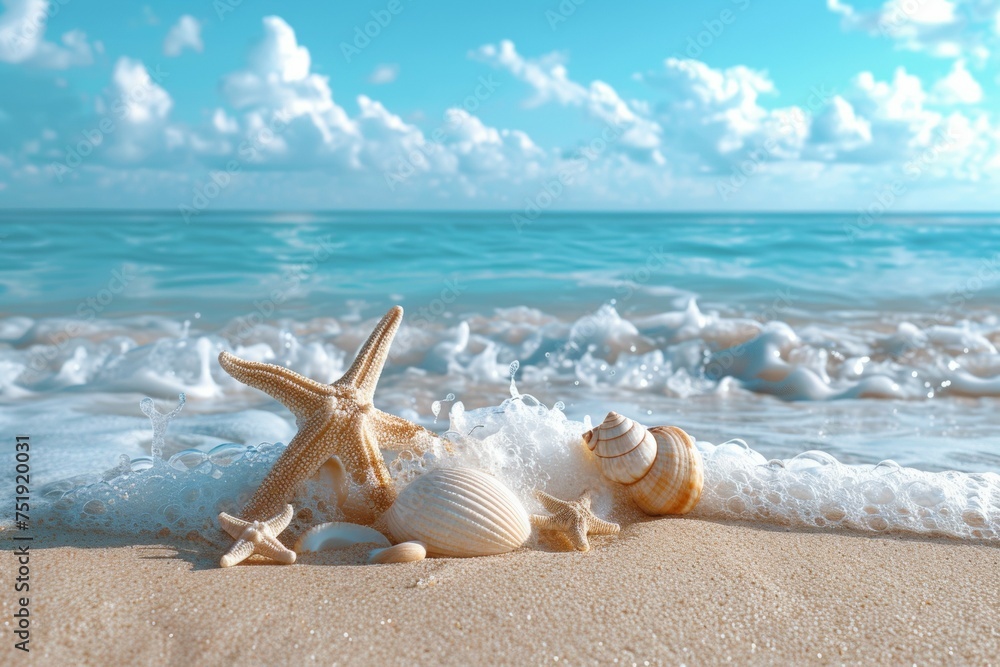 A beach scene with a starfish and shells on the sand A beach scene with a starfish and shells on the sand