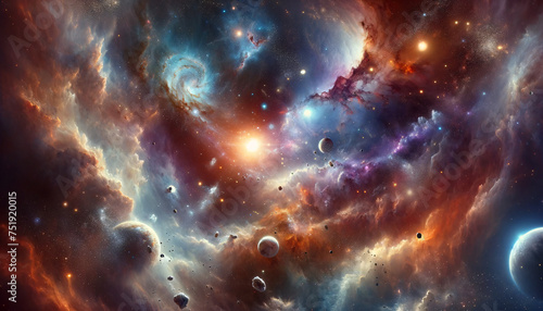 Illustration of deep space with detailed celestial phenomena, including asteroid belts, comets, and exoplanets amidst vibrant nebulas and galaxies. photo