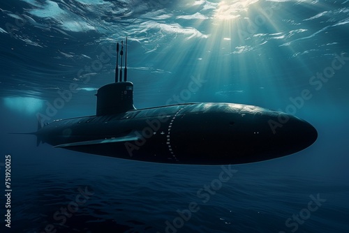 A submarine is in the water, with the sun shining on it