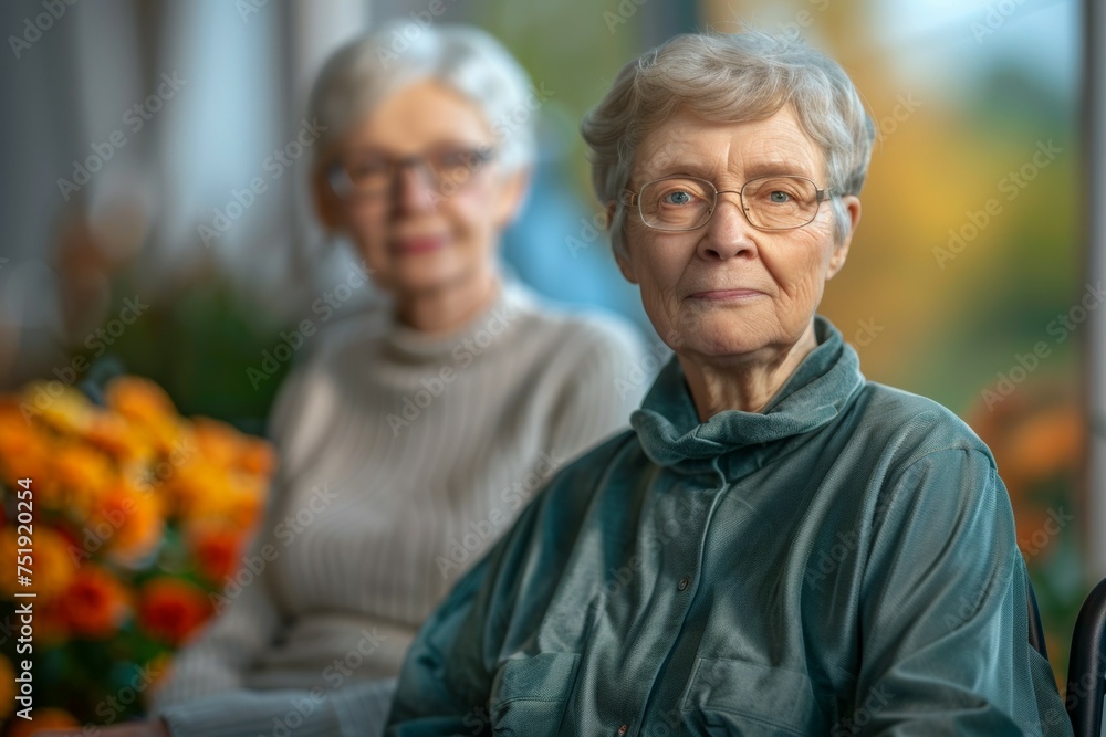 Two women are sitting next to each other, one wearing glasses