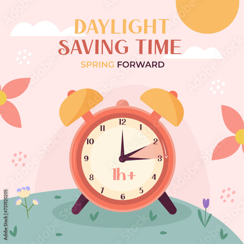 Spring forward 1h. Daylight saving time. Summer time floral decorative background, banner, card, cover. Clock set one hour ahead. Vector illustration.