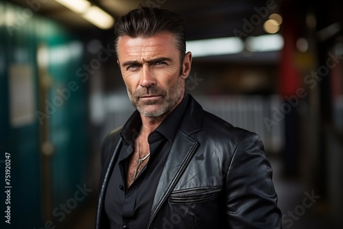 Portrait of a serious mature man in a leather jacket. Men's beauty, fashion.