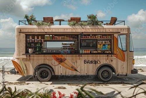 Envision a food truck mock-up in a quaint suburban neighborhood. The truck's design is retro, reminiscent of classic diners,	
