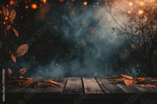 Wooden table and autumn leaves on a background of foggy forest