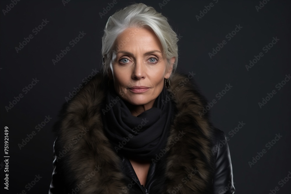 Portrait of a beautiful senior woman in a fur coat on a dark background Portrait of a beautiful senior woman in a fur coat on a dark background