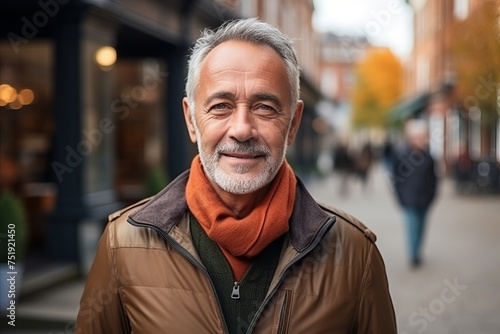 Portrait of a smiling senior man in the city on an autumn day