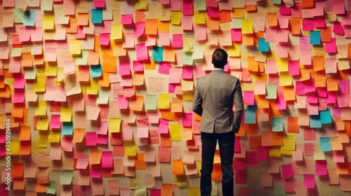 Businessman is looking at a wall covered in sticky notes