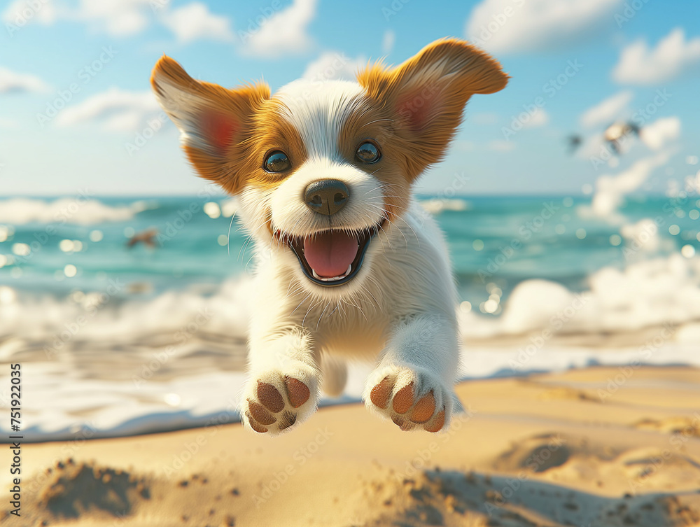 3d rendering of Joyful puppy dog leap on sunny beach: cute animated pet mid-jump on a beach, with a bright and joyful expression. Joy concept 3d rendering of Joyful puppy dog leap on sunny beach: cute animated pet mid-jump on a beach, with a bright and joyful expression. Joy concept