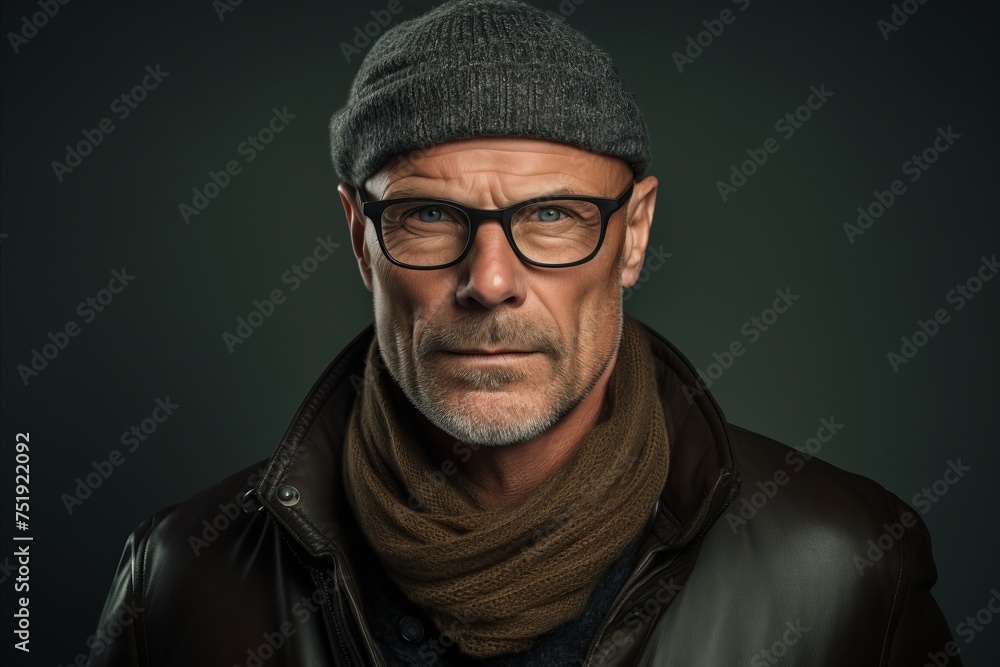 Portrait of a handsome mature man in a hat and glasses. Men's beauty, fashion. Portrait of a handsome mature man in a hat and glasses. Men's beauty, fashion.