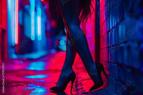 A close-up shot of a woman wearing high heels, standing in the red light district, awaiting customers.
