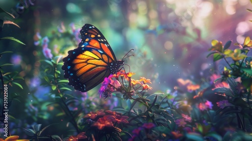 Stunning butterfly displaying a spectrum of colors while resting on a vibrant flower in a forest setting. generative ai