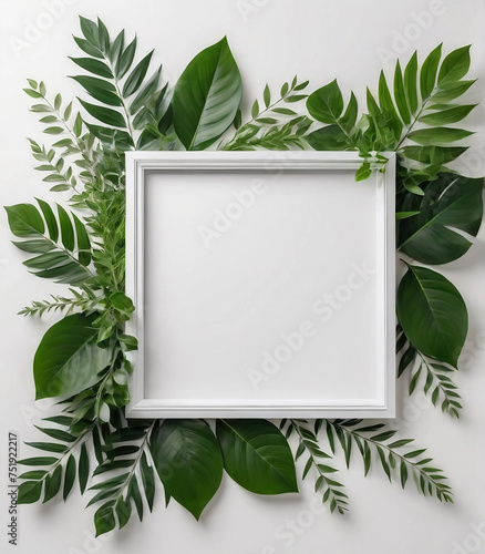 Empty white wooden frame and branches with green leaves on white background with copy space © sakhawatullah