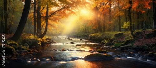 A vibrant morning scene in an autumn forest  with a stream flowing through the lush greenery. Sunlight filters through the colorful canopy of trees  creating a serene atmosphere.