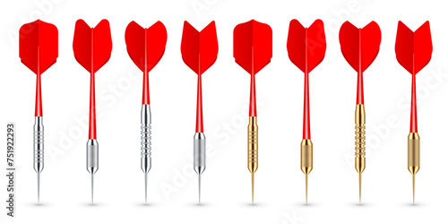 Red dart arrows with metal tip and shadow. Dart throwing sport game, dartboard equipment. Vector illustration