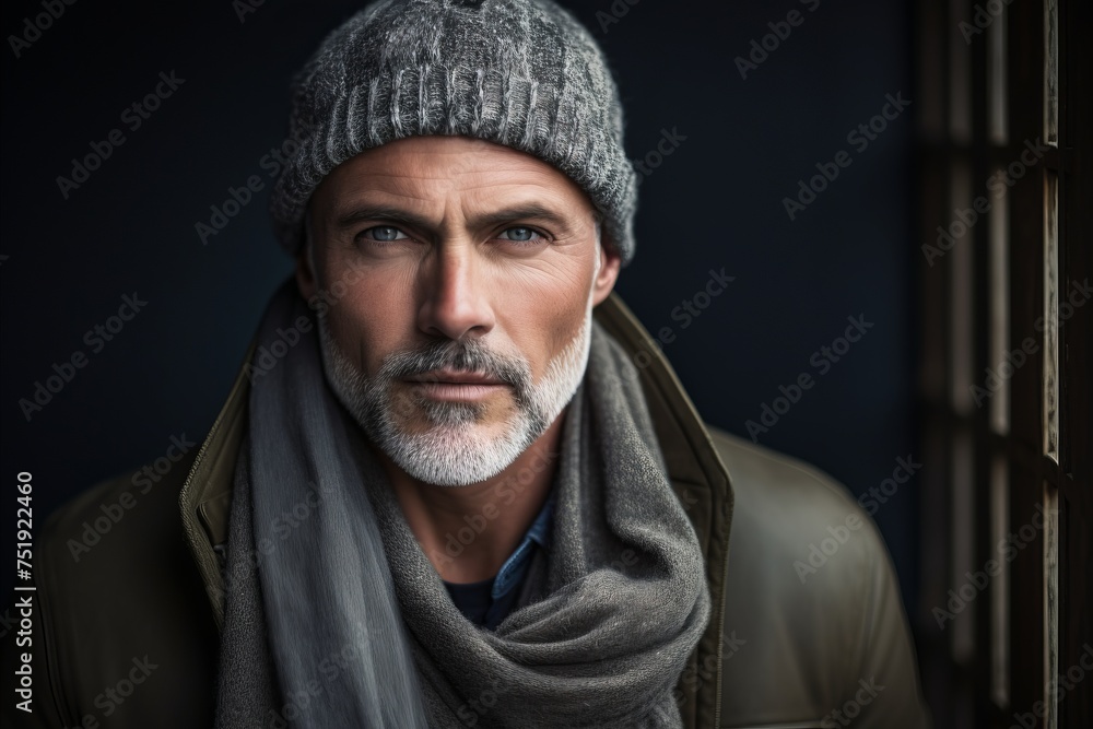 Portrait of a handsome middle-aged man with a gray beard wearing a warm hat and scarf. Portrait of a handsome middle-aged man with a gray beard wearing a warm hat and scarf.