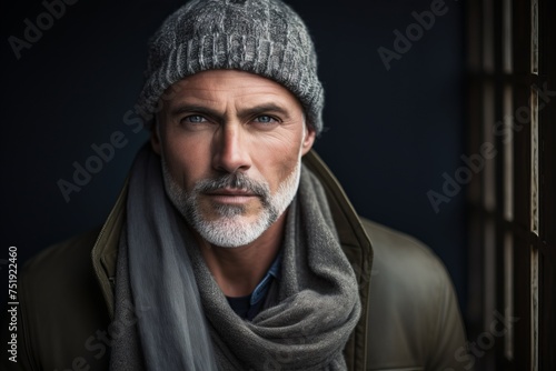 Portrait of a handsome middle-aged man with a gray beard wearing a warm hat and scarf.