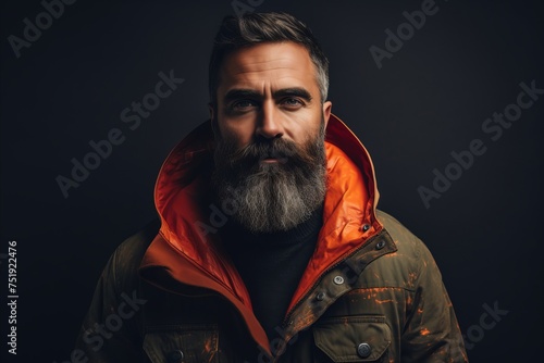 Portrait of a brutal bearded man in a jacket on a dark background.