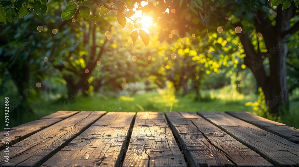 Wooden table in nature with sunlight, To provide a visually appealing and natural background for outdoor activities, relaxation, and leisure,