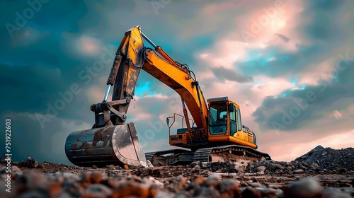 Excavator in Construction Site with Blue Sky, To convey the strength and necessity of heavy machinery in the construction process, especially photo