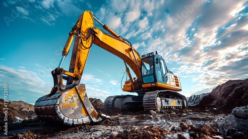 Excavator Working on Construction Site, To showcase the power and versatility of heavy construction equipment, specifically an excavator, in action photo