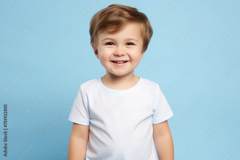 Portrait of a smiling little boy in a white T-shirt on a blue background Portrait of a smiling little boy in a white T-shirt on a blue background