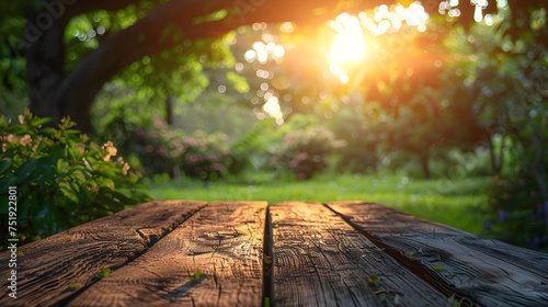 Sunlit Wooden Table in Lush Green Garden, To provide a serene and natural background for various design projects, including advertisements, blog