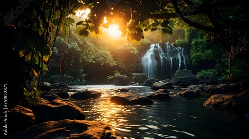 Stunning Jungle Waterfall at Sunset, To provide an eye-catching and serene background or wallpaper for travel, adventure, and nature-themed projects,