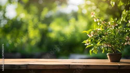 Potted Flower on Wooden Table in Lush Landscape, To convey a sense of growth and beauty in a still life setting, suitable for use in home decor and