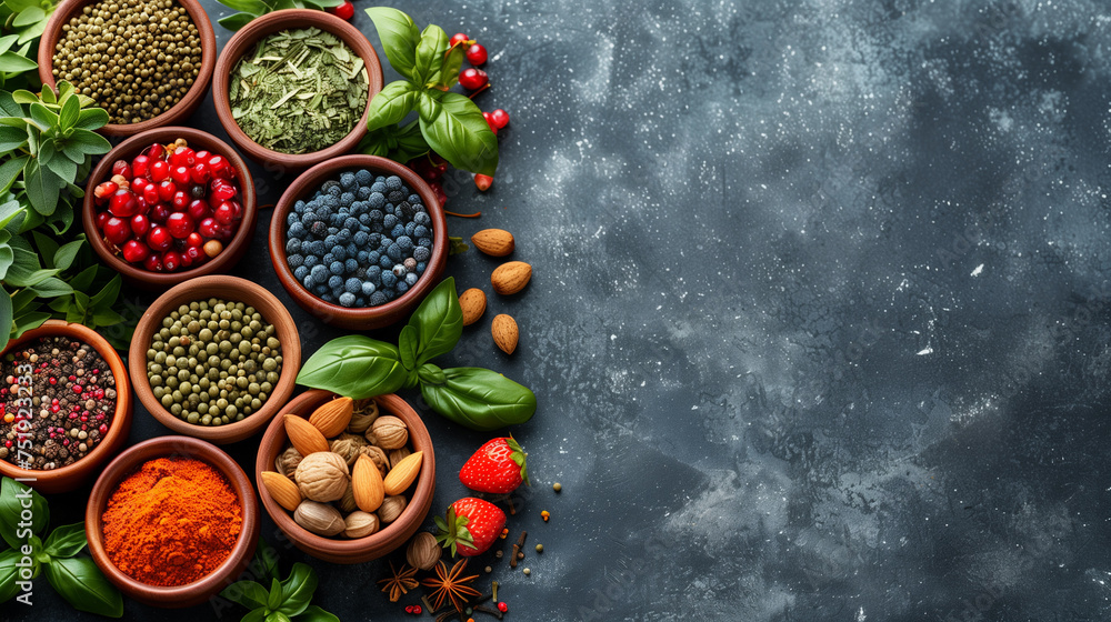 Top view of herbs spices and fruit used in herbal medicine in round wooden bowl on dark background, copy space. Top view of herbs spices and fruit used in herbal medicine in round wooden bowl on dark background, copy space.