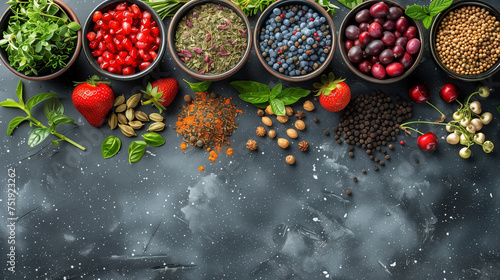 Top view of herbs spices and fruit used in herbal medicine in round wooden bowl on dark background, copy space. photo