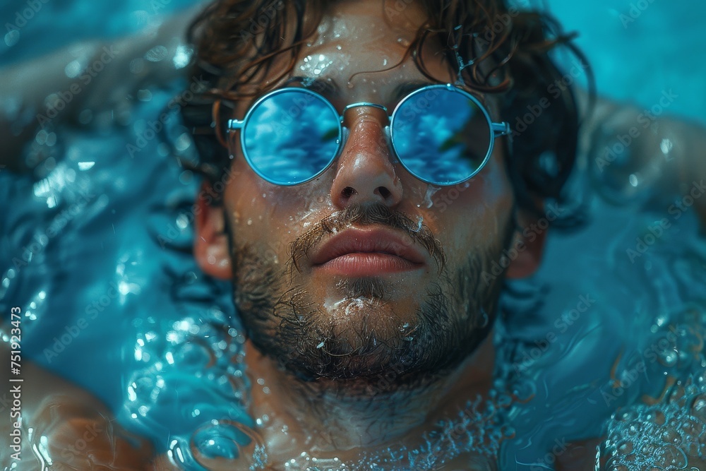 Young man submerged in water with sky-reflecting round sunglasses during summer vacation