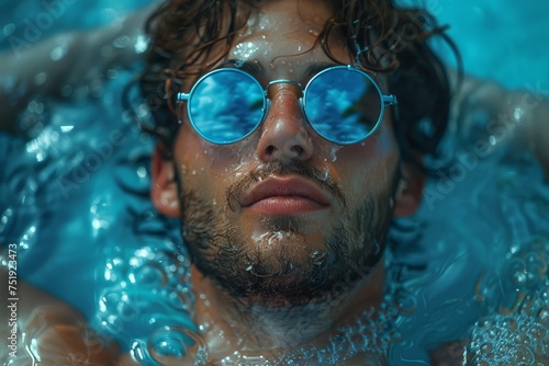 Young man submerged in water with sky-reflecting round sunglasses during summer vacation © Aurora Blaze