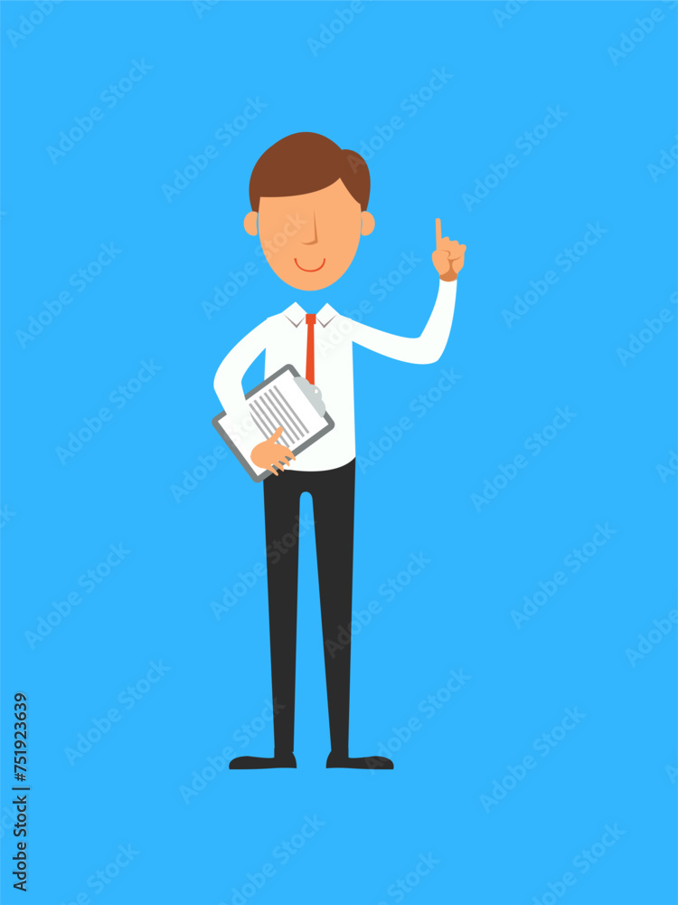 Businessman holding document and pointing up. Vector illustration in flat style