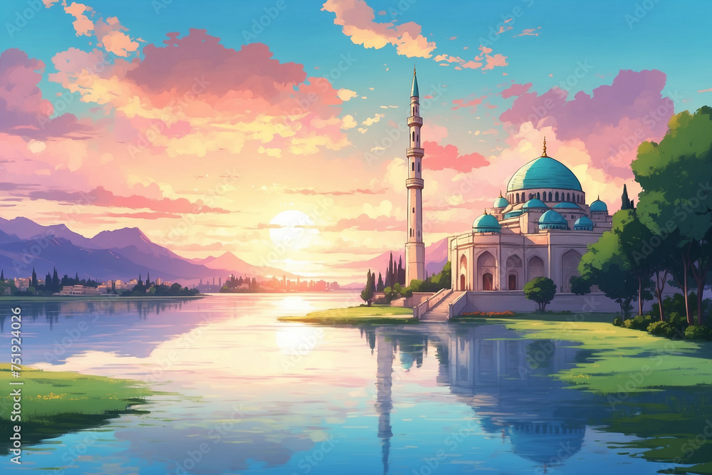 A mosque with a lake beside it at sunset. Without people. In anime style