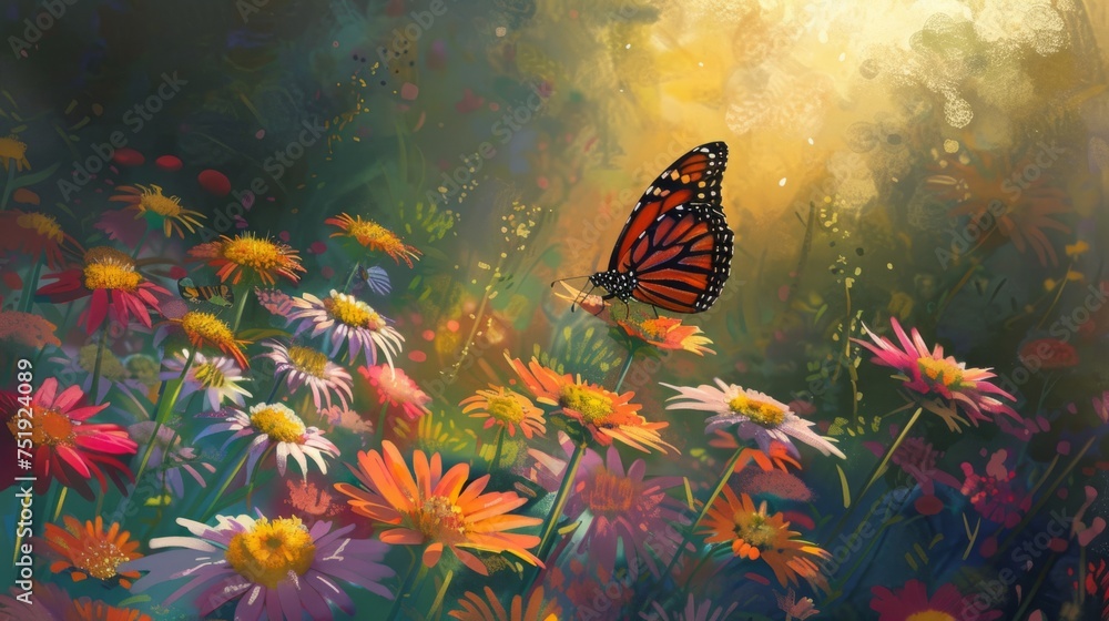 Brightly colored butterfly adorns a flower with its presence in a sunlit meadow. generative ai - obrazy, fototapety, plakaty 