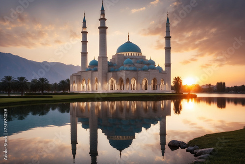 A mosque with a lake beside it at sunset. Without people © M. Faisal Riza