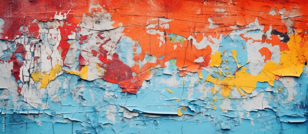 A close-up view of a concrete wall with peeling paint, revealing a colorful and textured grunge background. The cracked paint adds character and depth to the surface.