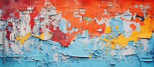 A close-up view of a concrete wall with peeling paint, revealing a colorful and textured grunge background. The cracked paint adds character and depth to the surface.