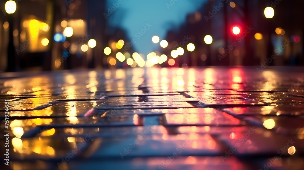 Bright bokeh city lights reflected on wet road surface Bright bokeh city lights reflected on wet road surface