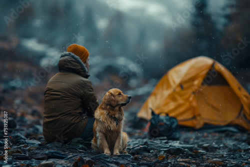 man  and  dog,   travel,  road trip, camping, adventure, campfire, best friend © Cindy Liu
