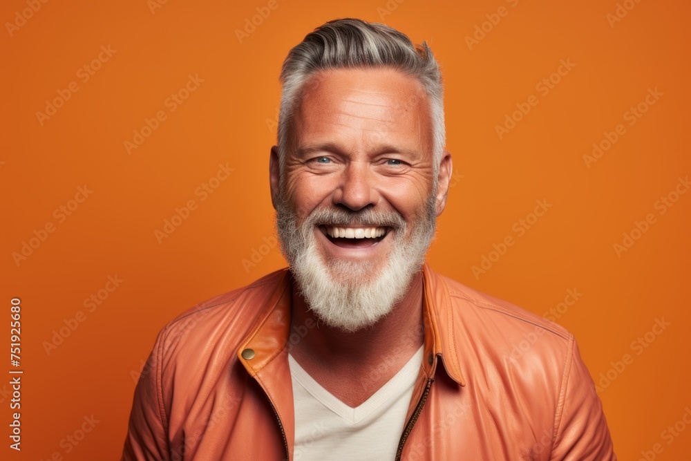 Handsome senior man with long gray beard and mustache in orange jacket on orange background. Handsome senior man with long gray beard and mustache in orange jacket on orange background.