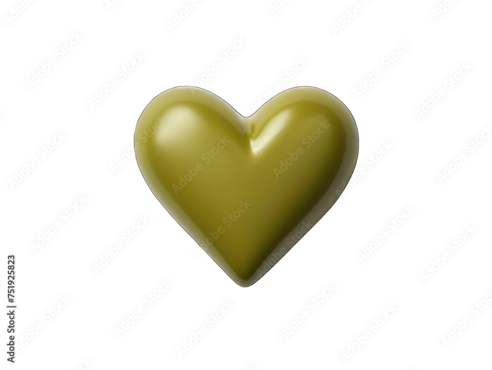 Olive green colored heart isolated on transparent background, transparency image, removed background