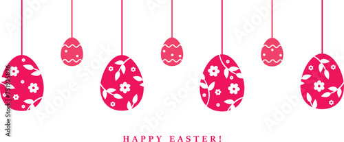 Easter banner of red hanging eggs ornaments with and a festive message of Happy Easter.