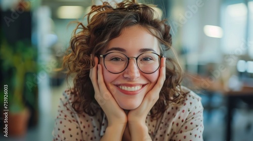 woman with glasses posing with her hands under her face showing her smile generative ai