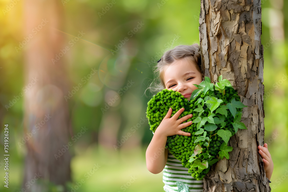 Child hug tree with green heart shape for Earth day or Environment day ...